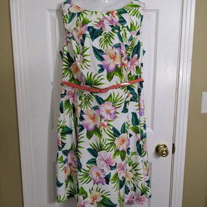 Dressbarn White Green Purple Floral Sleeveless Belted Midi Dress - size 16W